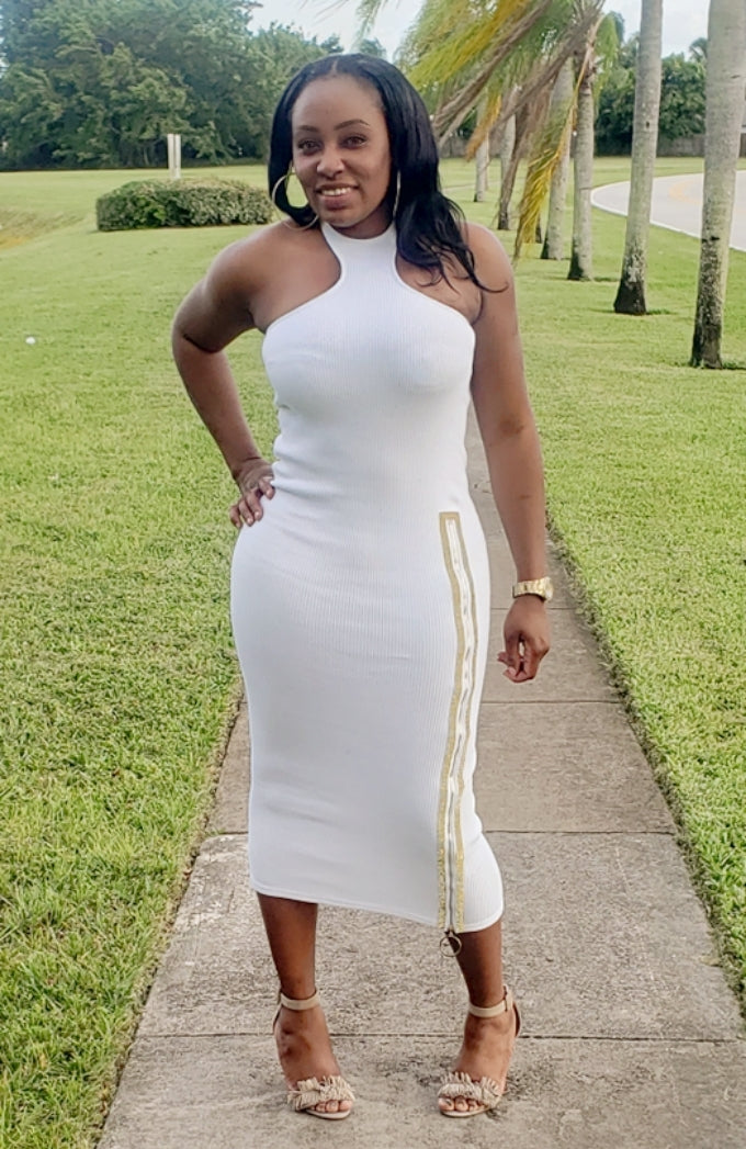 Rhinestone Zip Slit Midi Dress