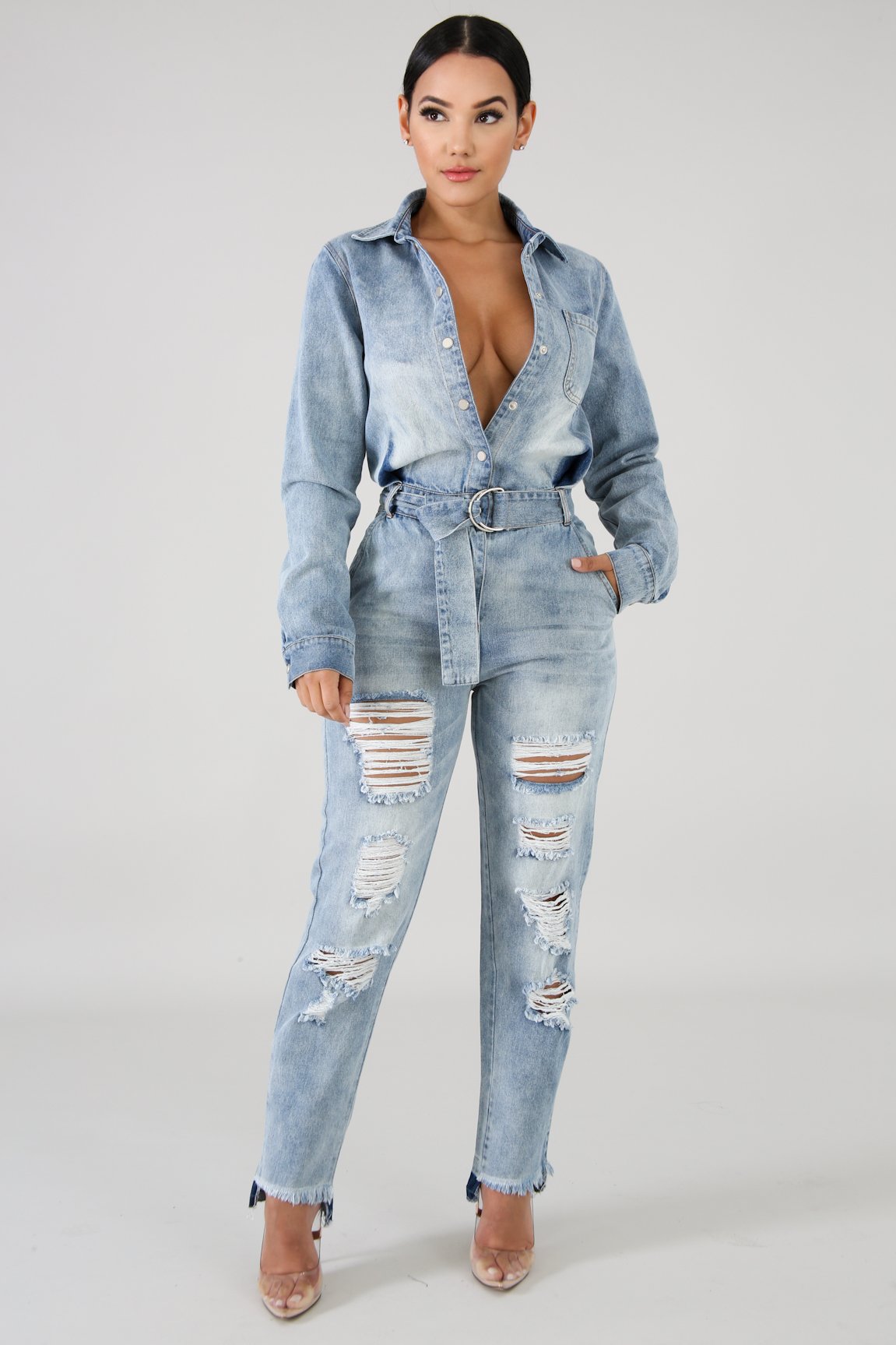 Denim Distressed Jumpsuit