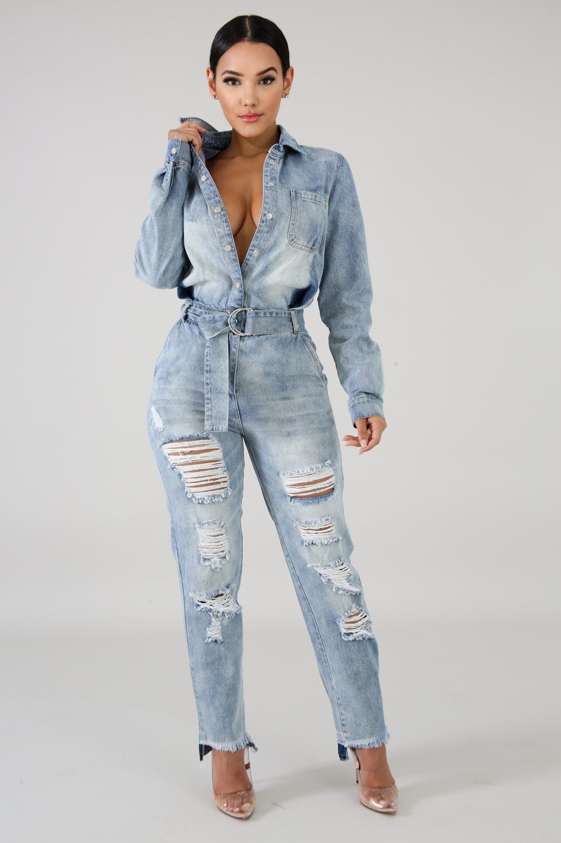 Denim store distressed jumpsuit